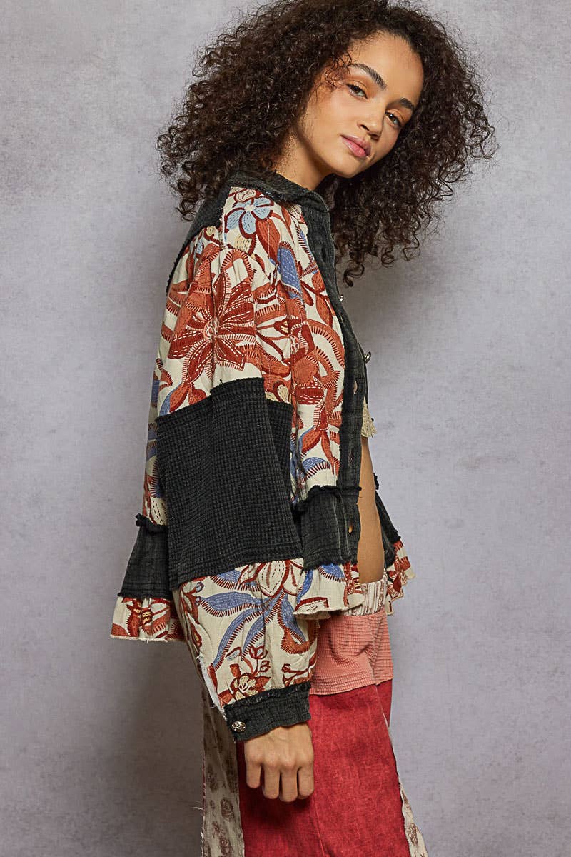 Quilted Floral Raw-Edge Balloon Sleeve A-Line Jacket