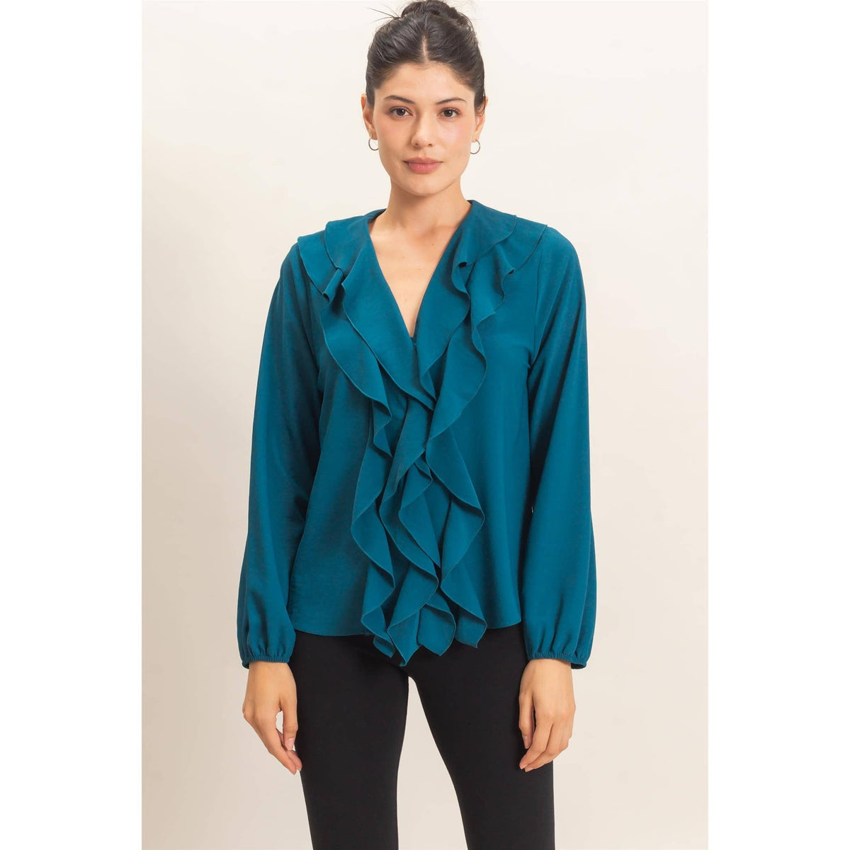 Ruffled V-Neck Button-Up Blouse