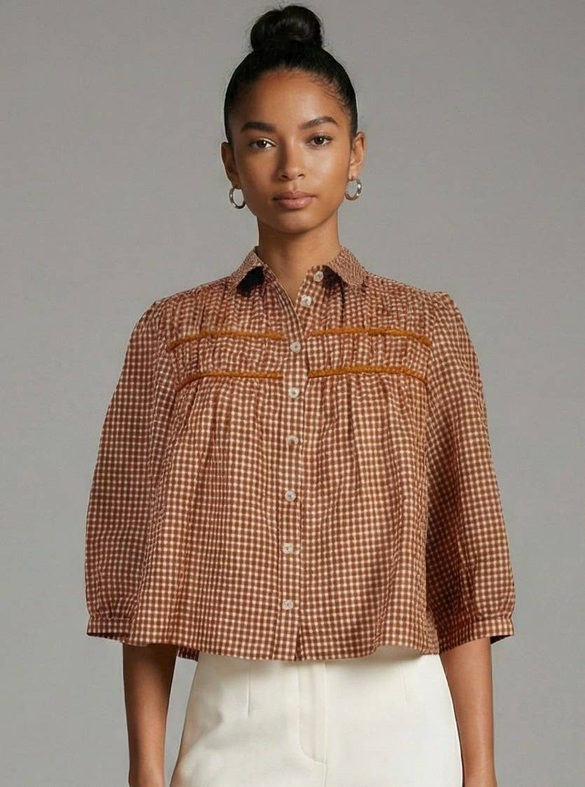 Terracotta Gingham Seersucker Blouse