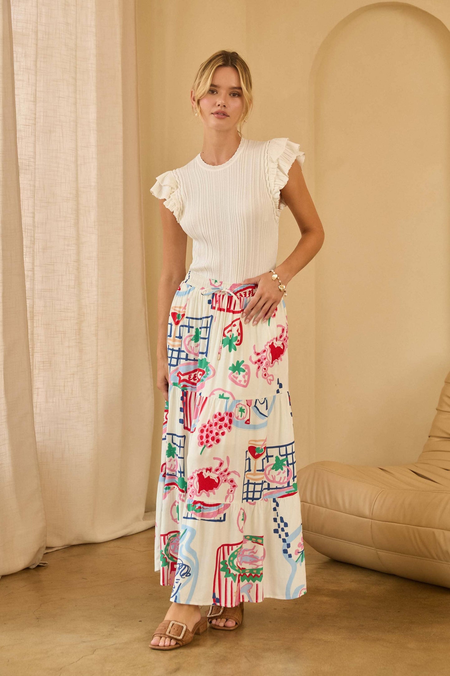 Printed Tiered Midi Skirt