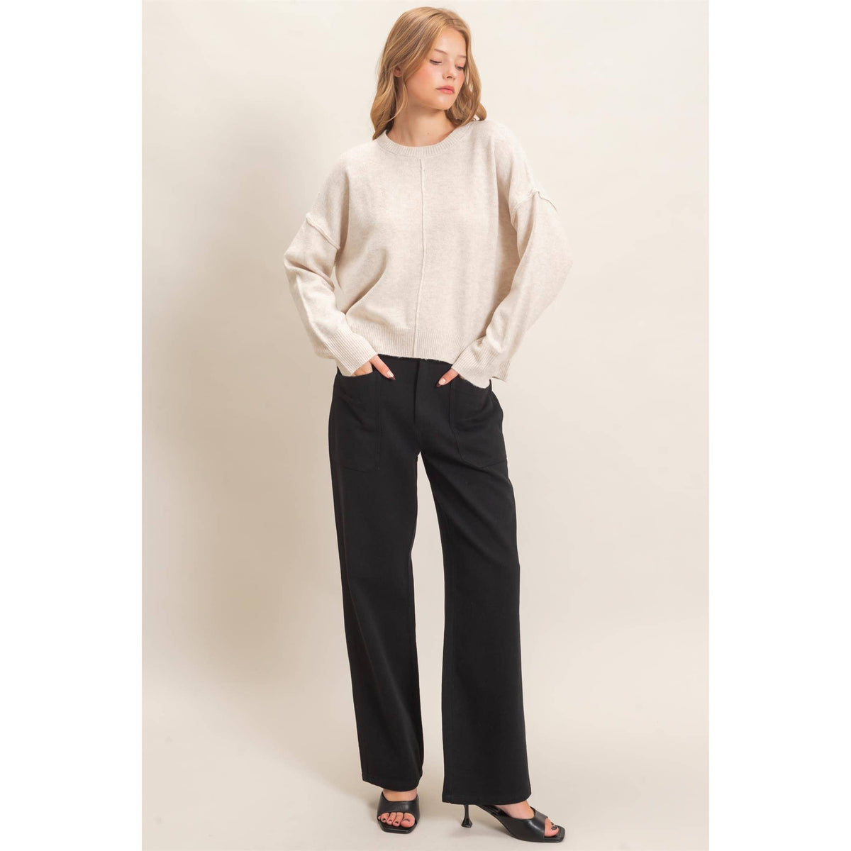 Crew Neck Sweater With Ribbed Hem