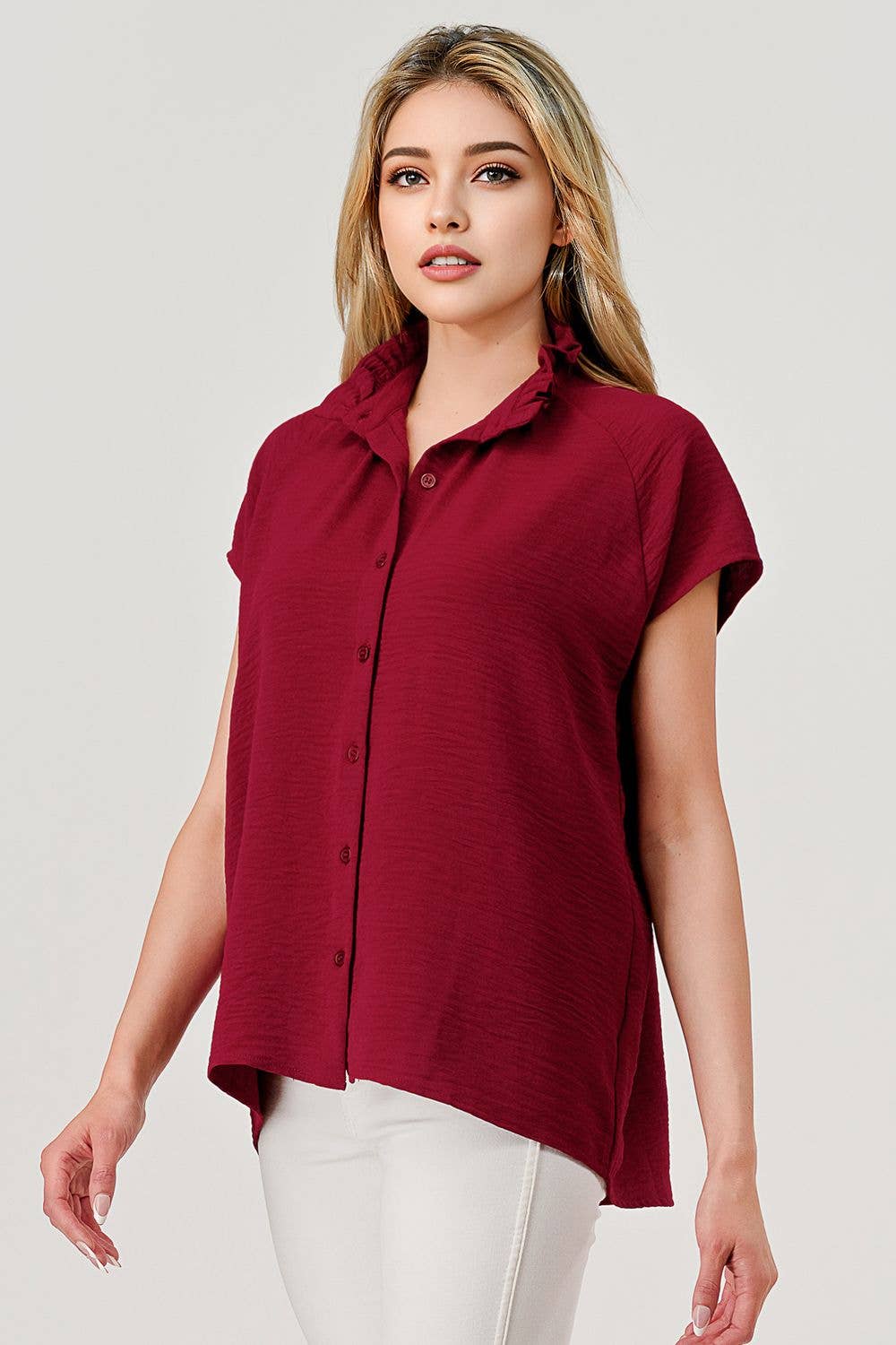 Lila Button Down Short Sleeve Game Day Top Burgundy Mbt-9919