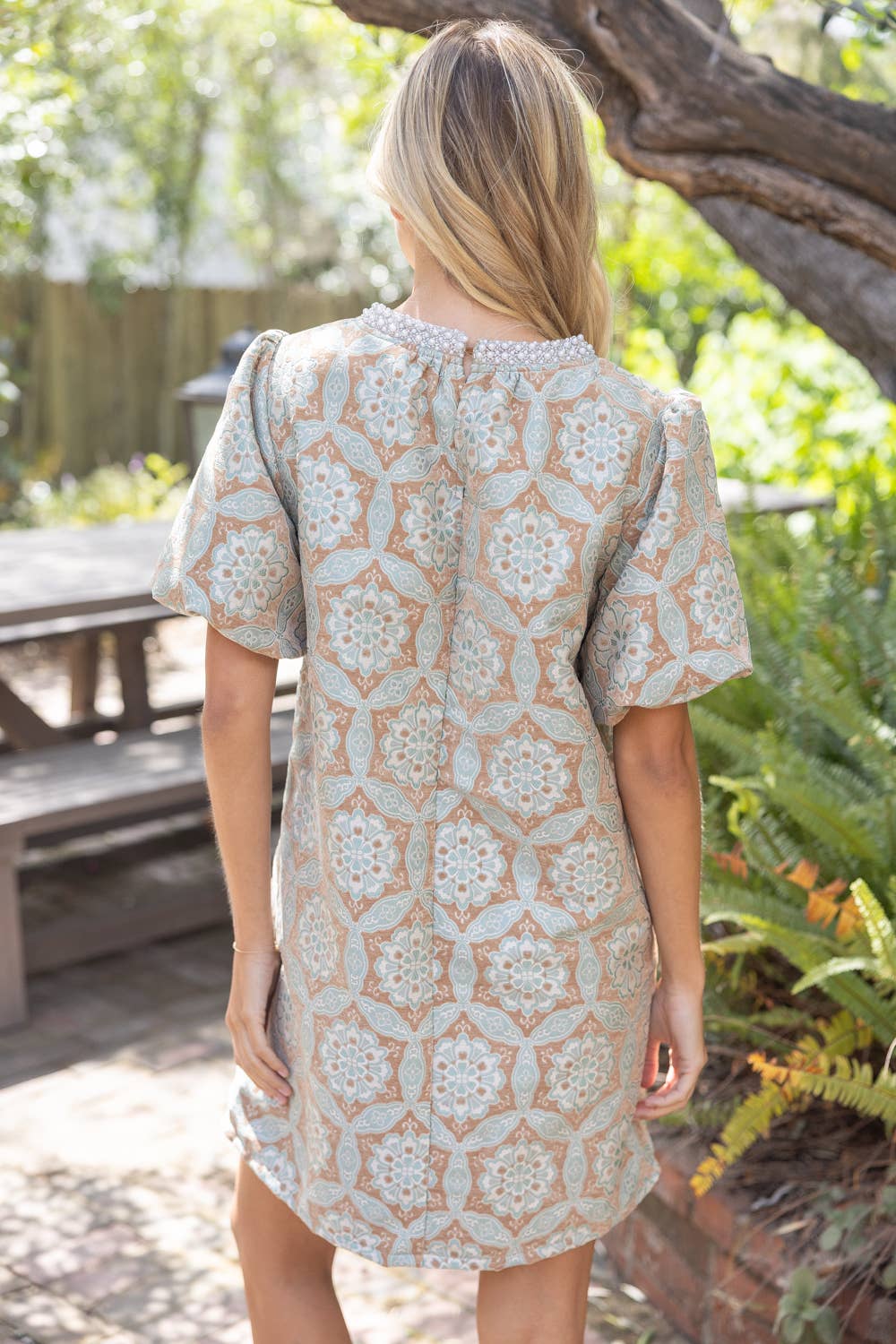 Beaded Neckline Geometric Velvet Jacquard Dress