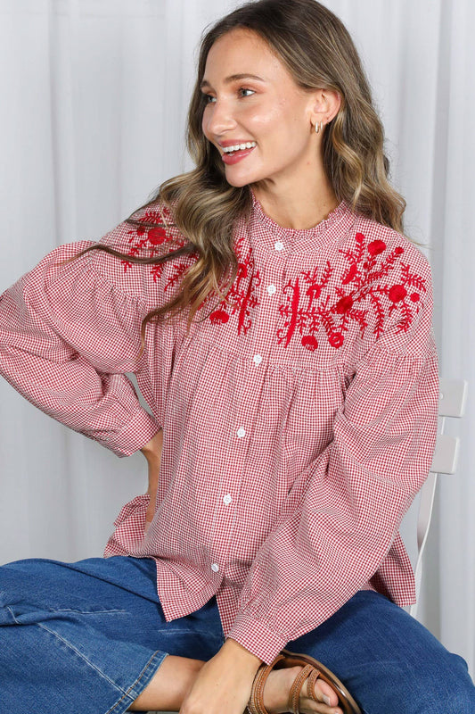 Ruffle Neck  Gingham Blouse