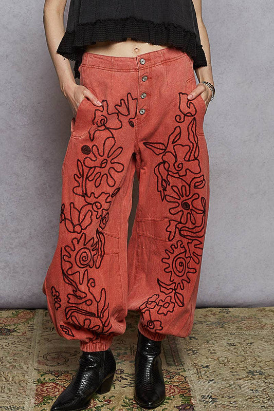 Floral embroidered  twill pants