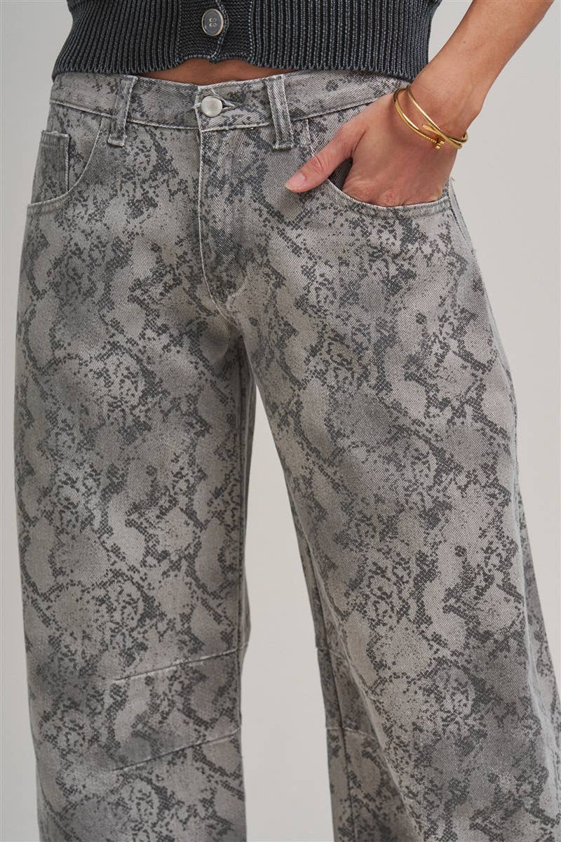 VINTAGE SNAKESKIN PRINT TWILL DENIM BARREL PANT