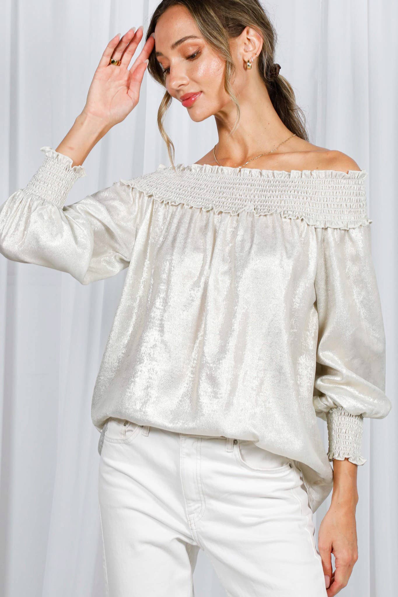 Metallic Woven Off-The-Shoulder Smocked Blouse