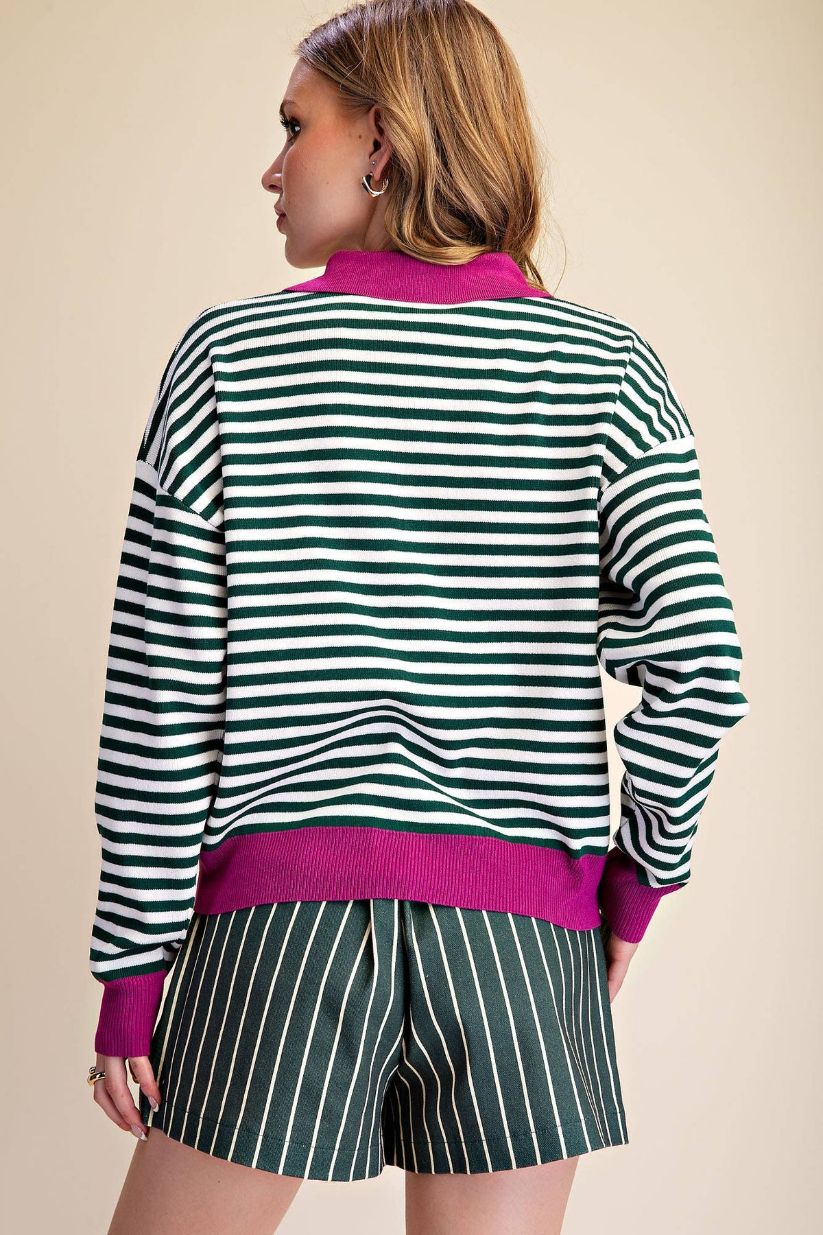 Collar Zip Neck Long Sleeve Stripe Sweater