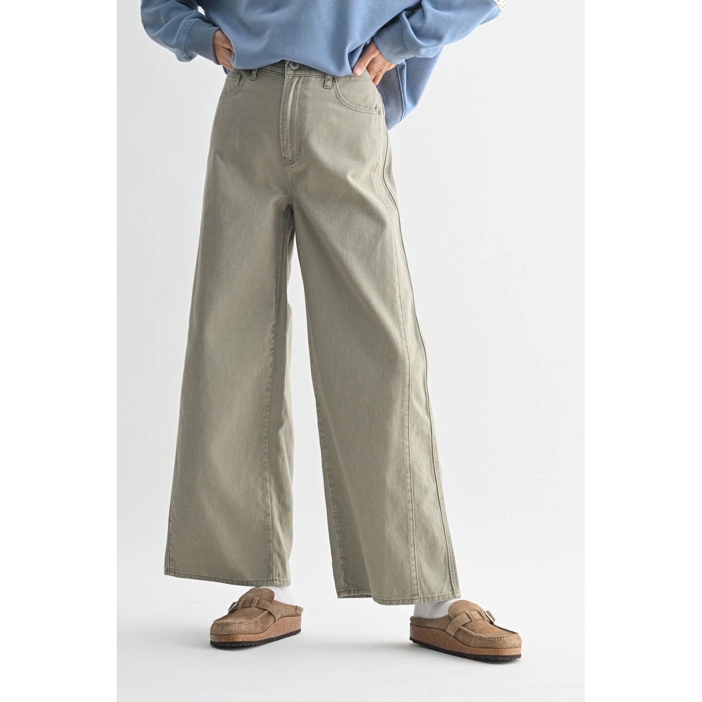 WIDE LEG TWILL COTTON PANTS