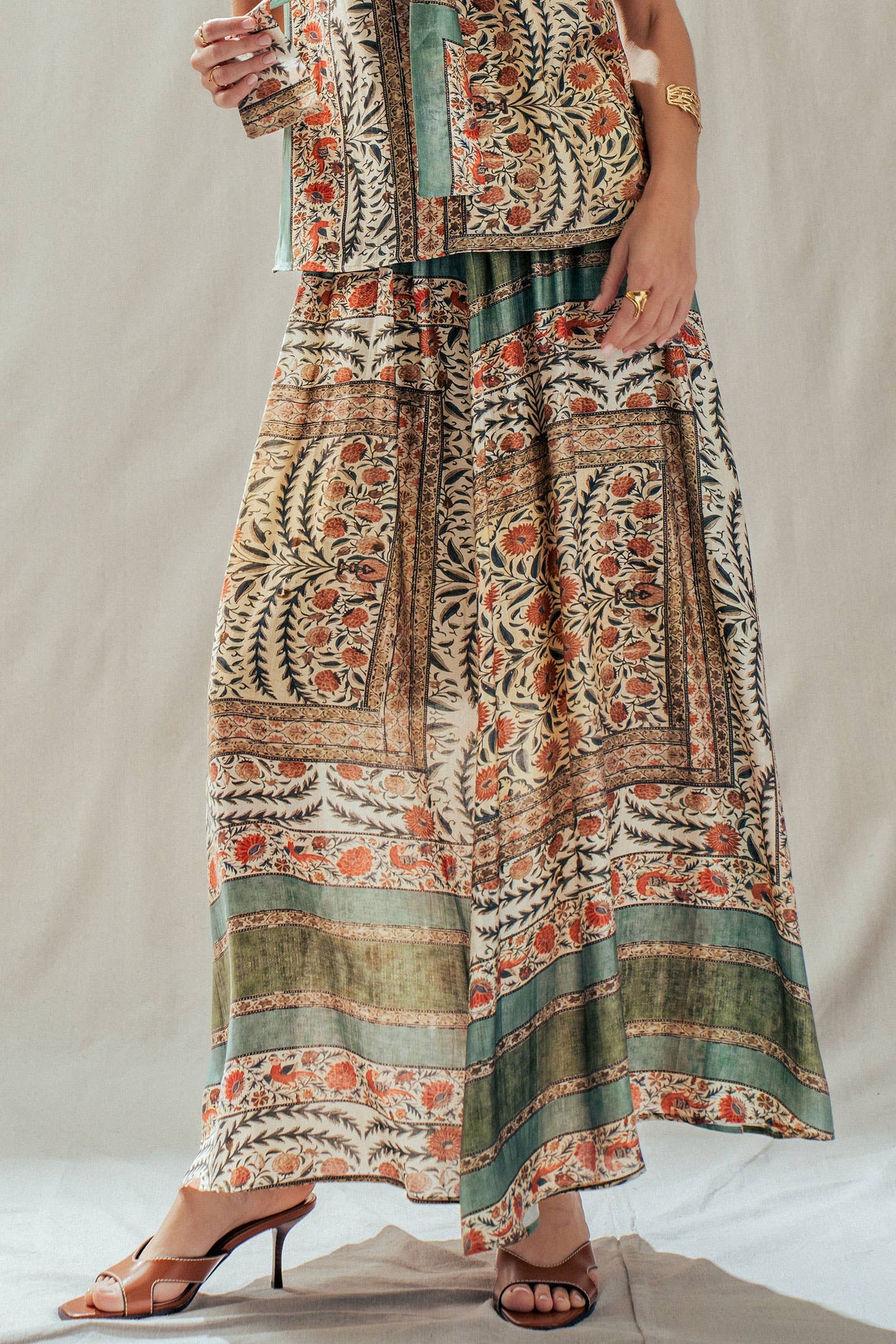Botanical Bird Print Tencel Blend Maxi Skirt