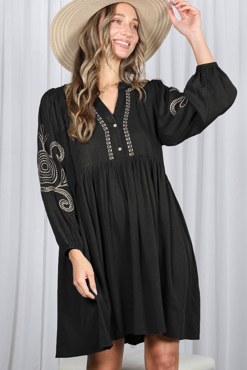Paisley Embroidered V-Neck Baby Doll Mini Dress