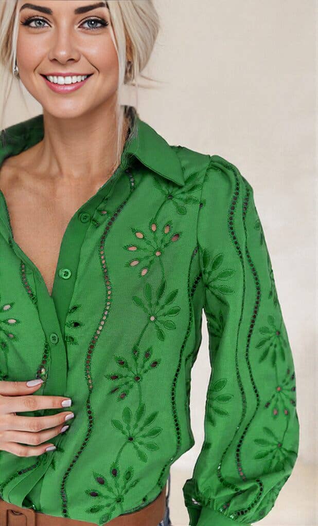 Embroidered Eyelet Long Sleeve Button-Up Blouse