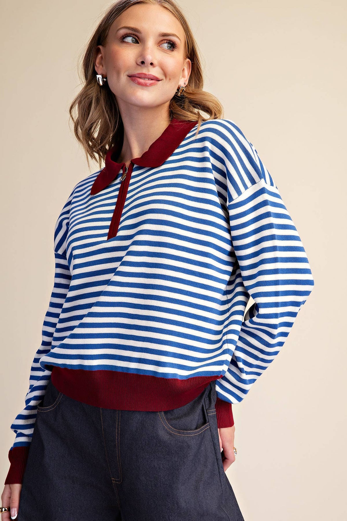 Collar Zip Neck Long Sleeve Stripe Sweater
