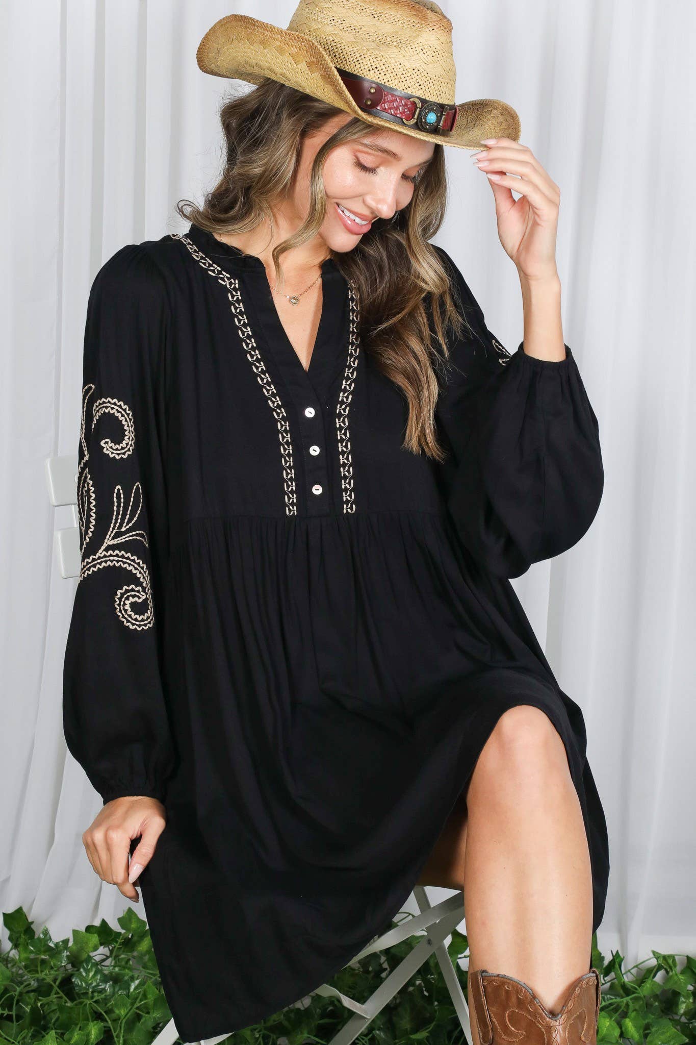 Paisley Embroidered V-Neck Baby Doll Mini Dress