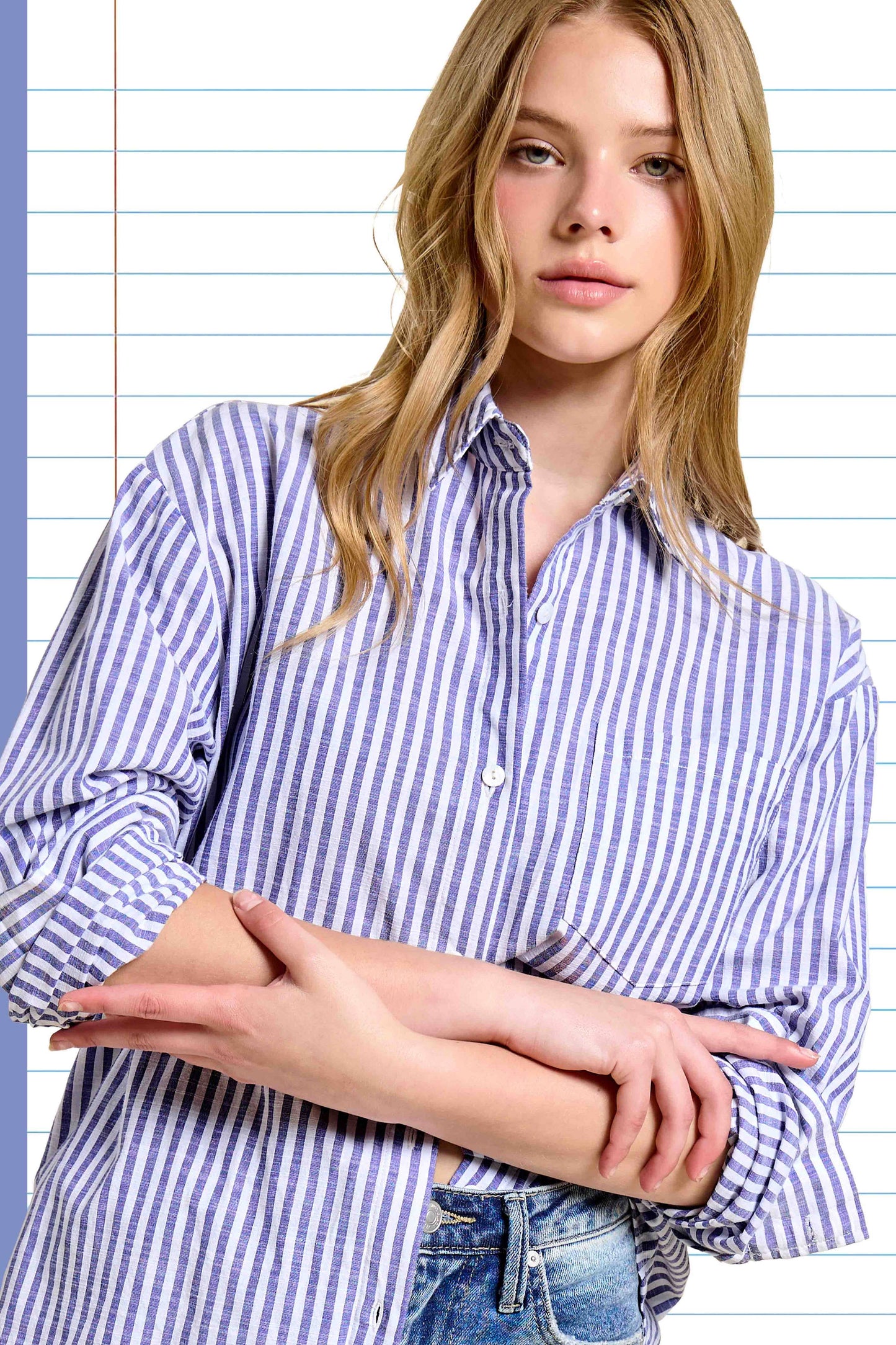 -Collared Contrast Stripe Button Down