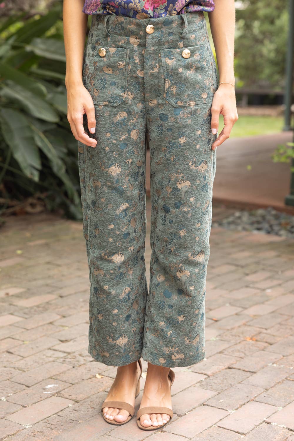Gold Button Abstract Velvet Jaquard Wide Leg Pants