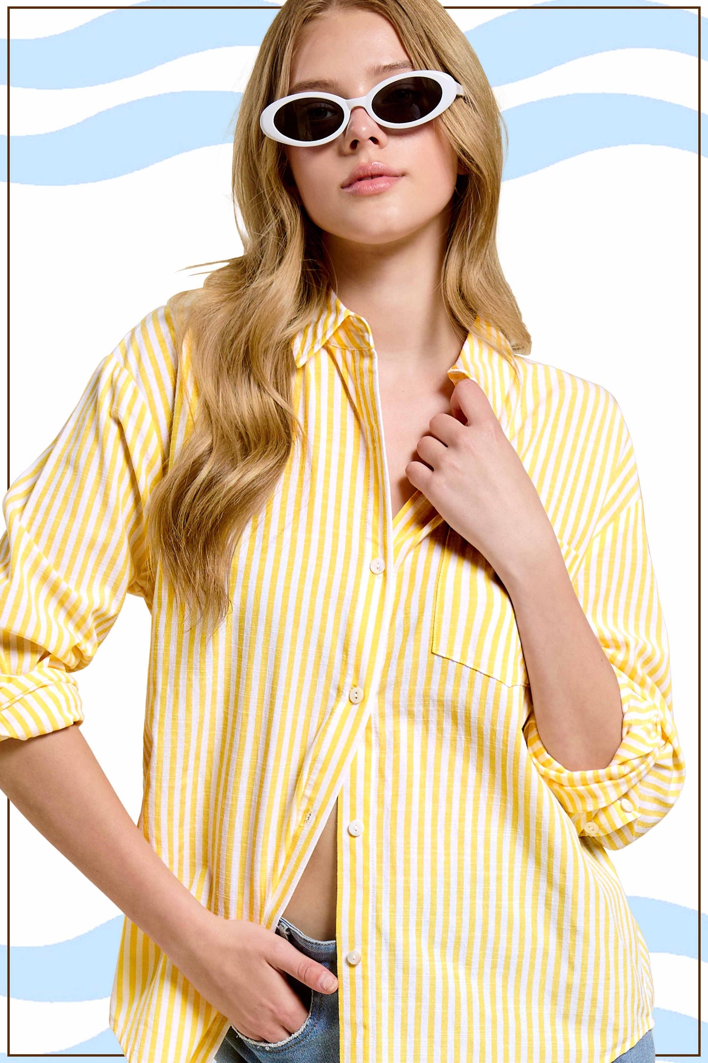 -Collared Contrast Stripe Button Down