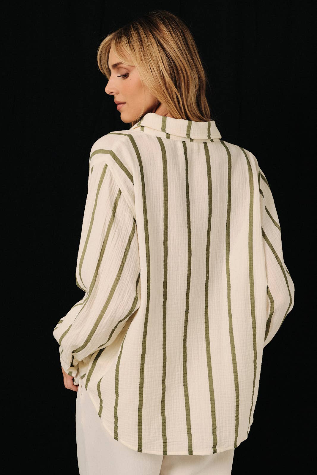 DOLMAN LONG SLEEVE BUTTON DOWN DOUBLE GAUZE STRIPE SHIRT