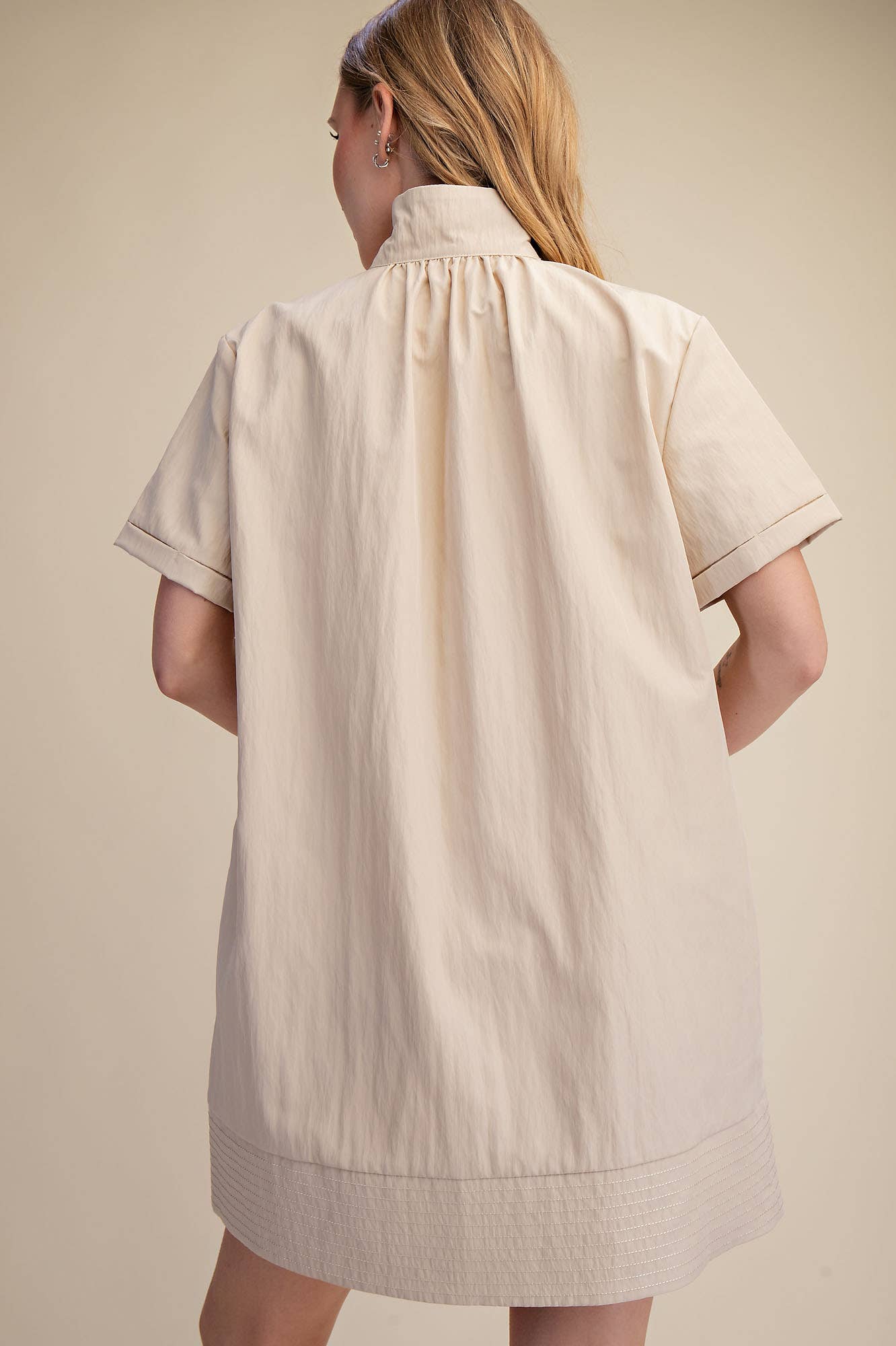 Stand Collar Short Sleeves Button Down Shift Dress
