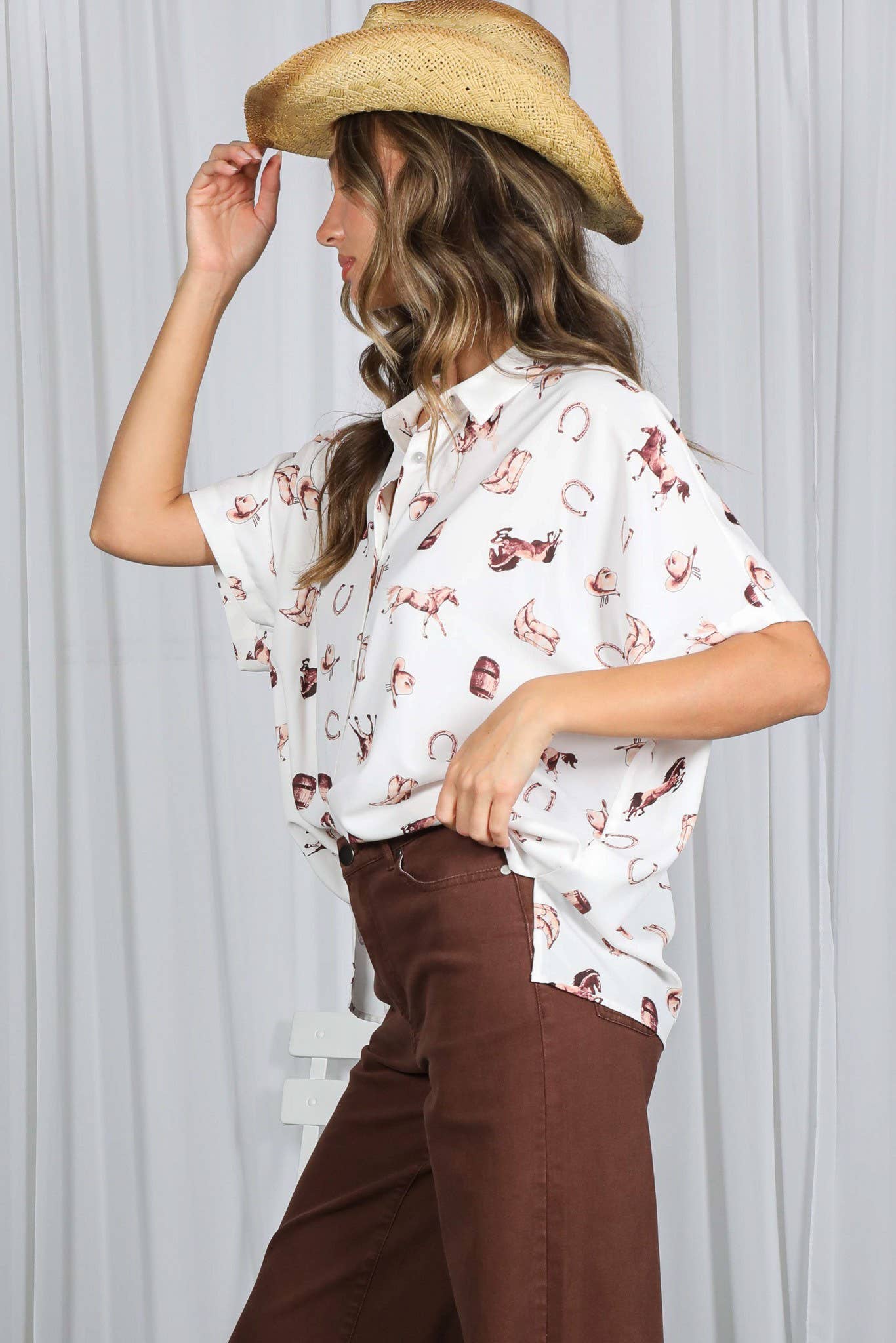 Western-Inspired Collared Button Front Shirt
