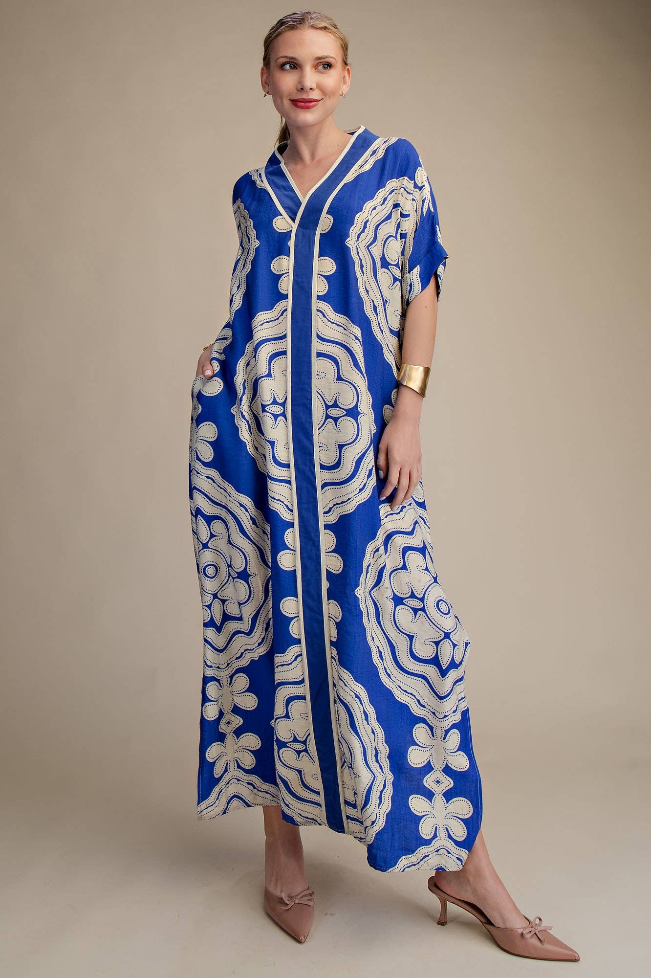 V-Neck Short Sleeve Maxi Print Dress