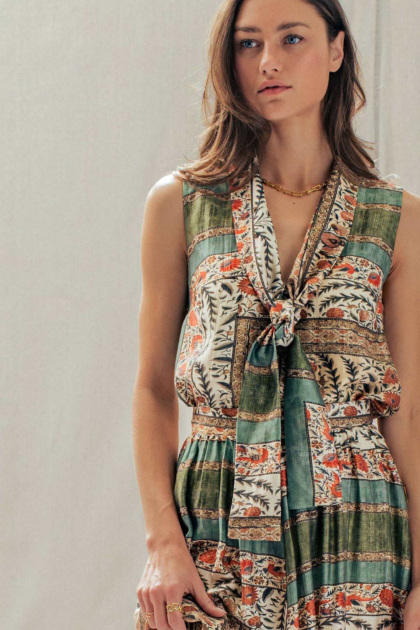 Botanical Bird Print Tie-Front Tencel Blend Top