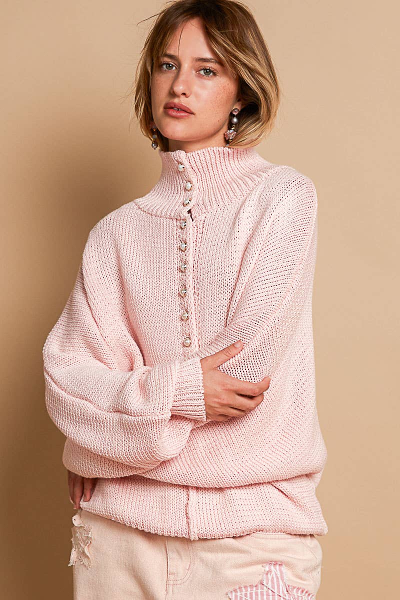 Dolman sleeve mock neck pearl button pullover