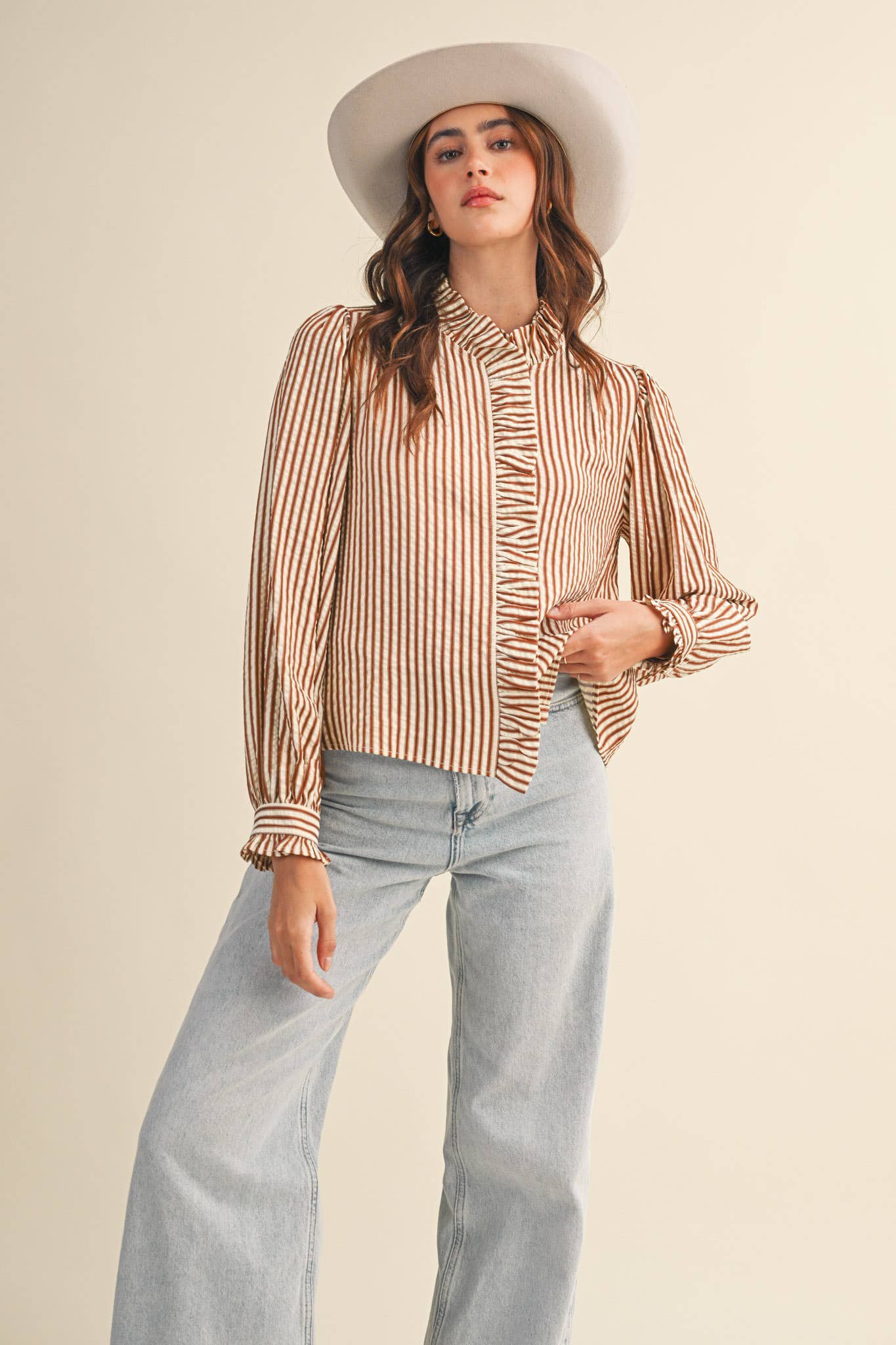 STRIPED RUFFLED BUTTON DOWN