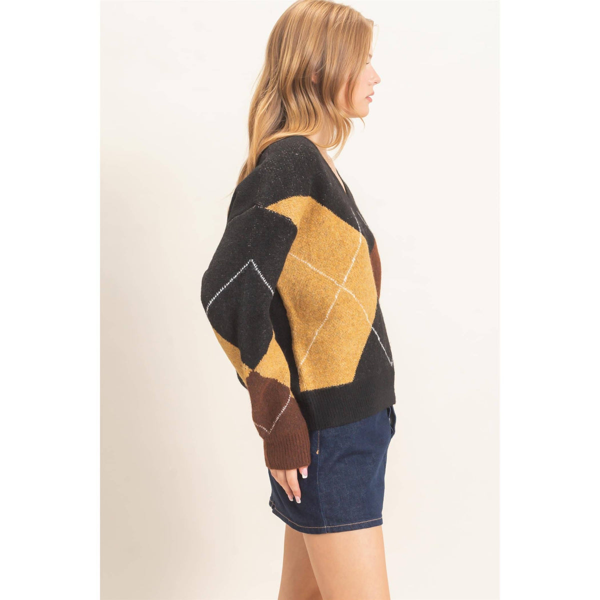 Argyle Pattern V-Neck Sweater