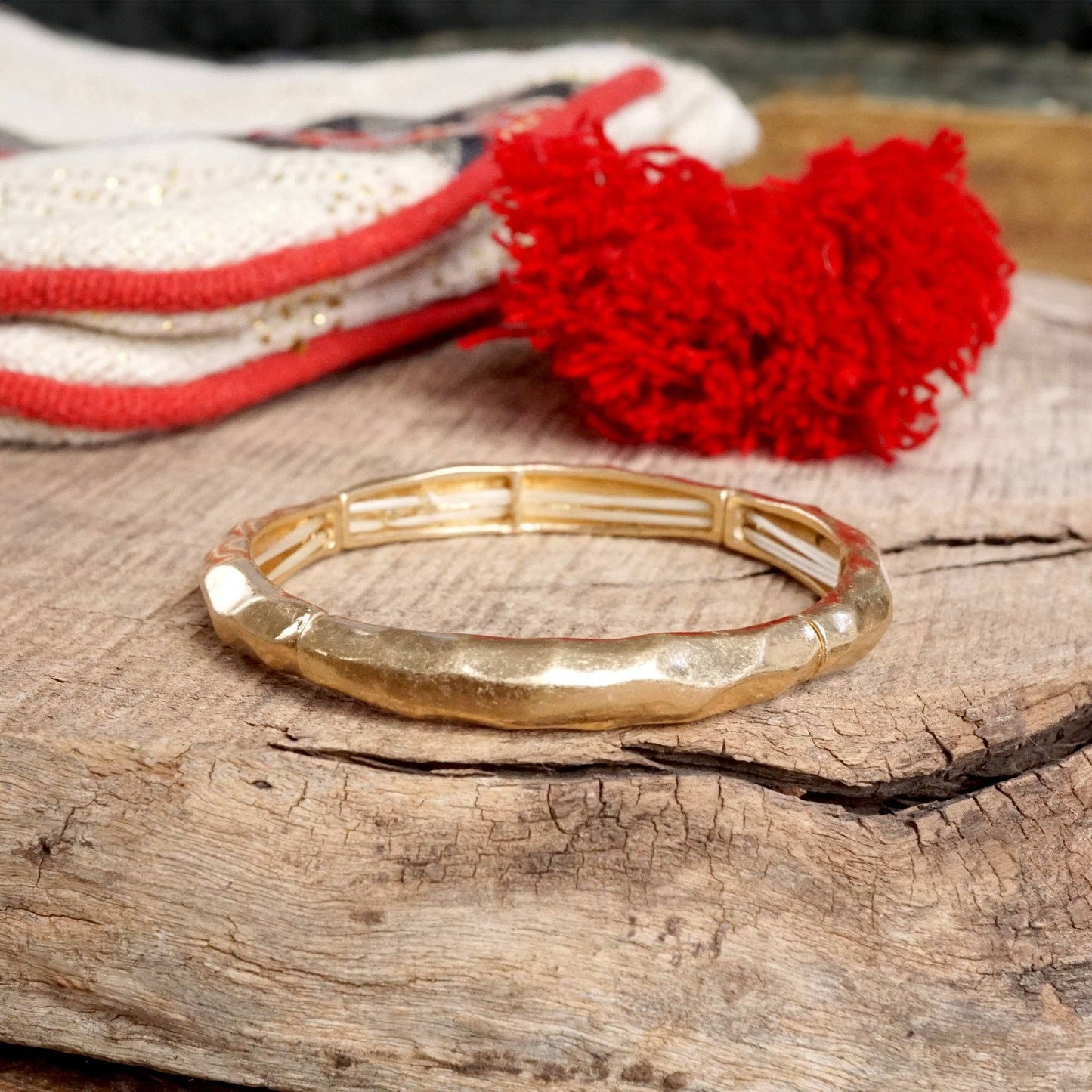 Boho Stretchy Minimalist Bangle Raw Textured Worn Silver tones