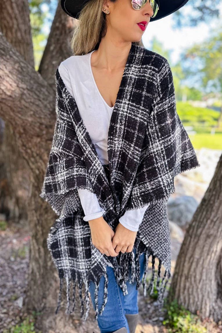 Black Plaid printed Reversible Knit Ruana Cape Cardigan
