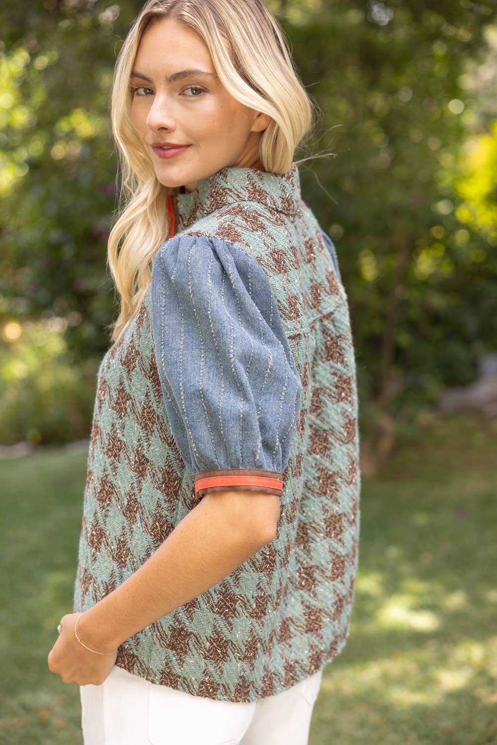 Stripe Denim Sleeve Houndstooth Tweed Top