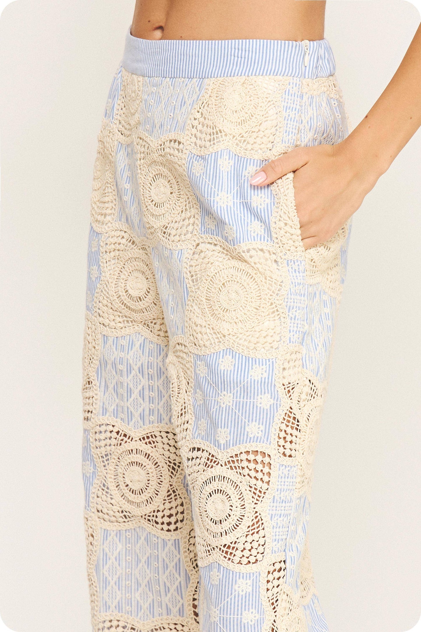 Crochet Striped Pleated Detail Wide-Leg Pants