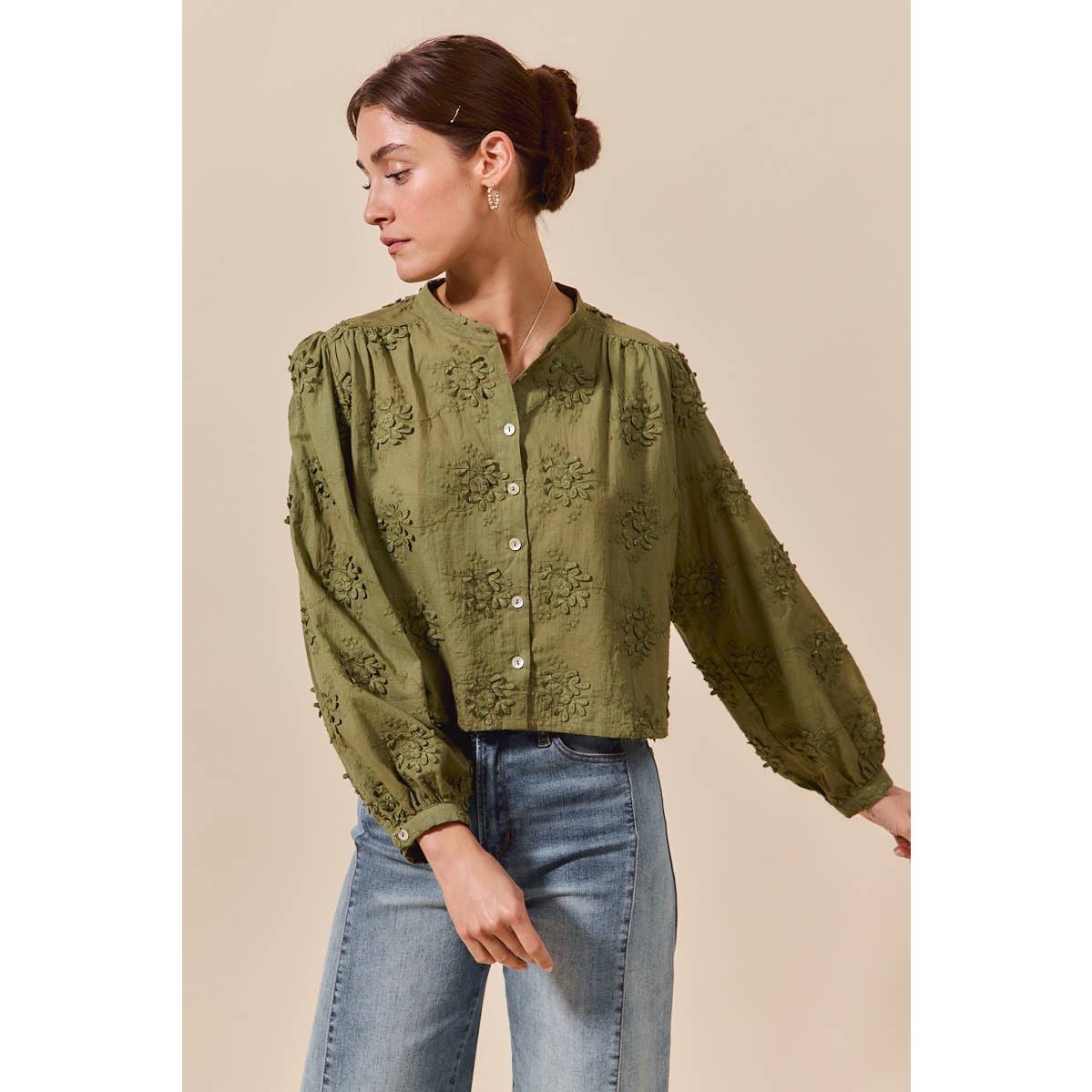 3D FLORAL WOVEN LONG SLEEVE FRONT BUTTON SHIRT