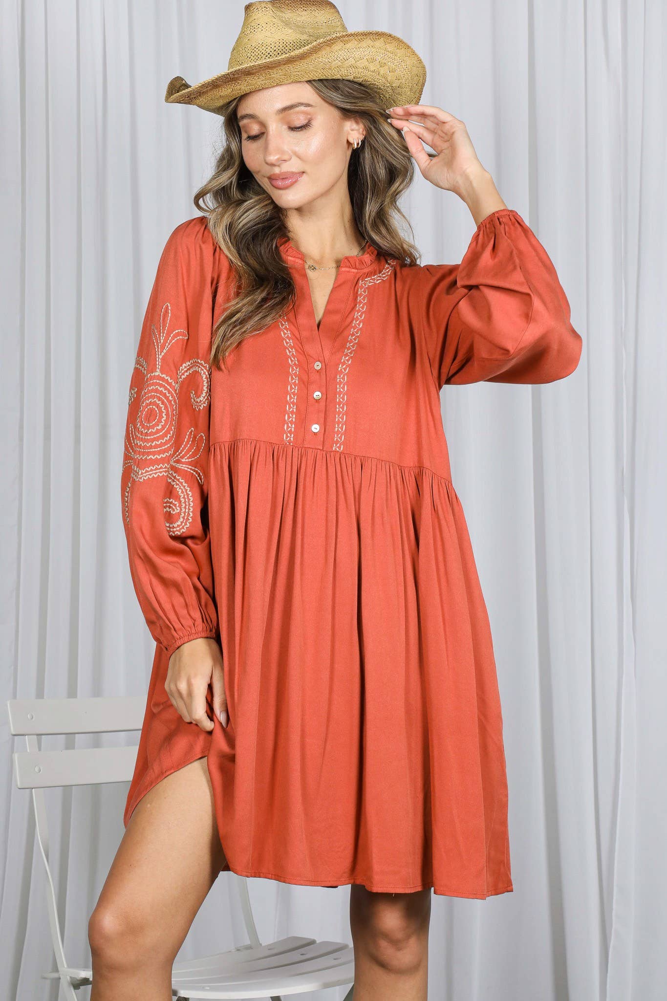 Paisley Embroidered V-Neck Baby Doll Mini Dress