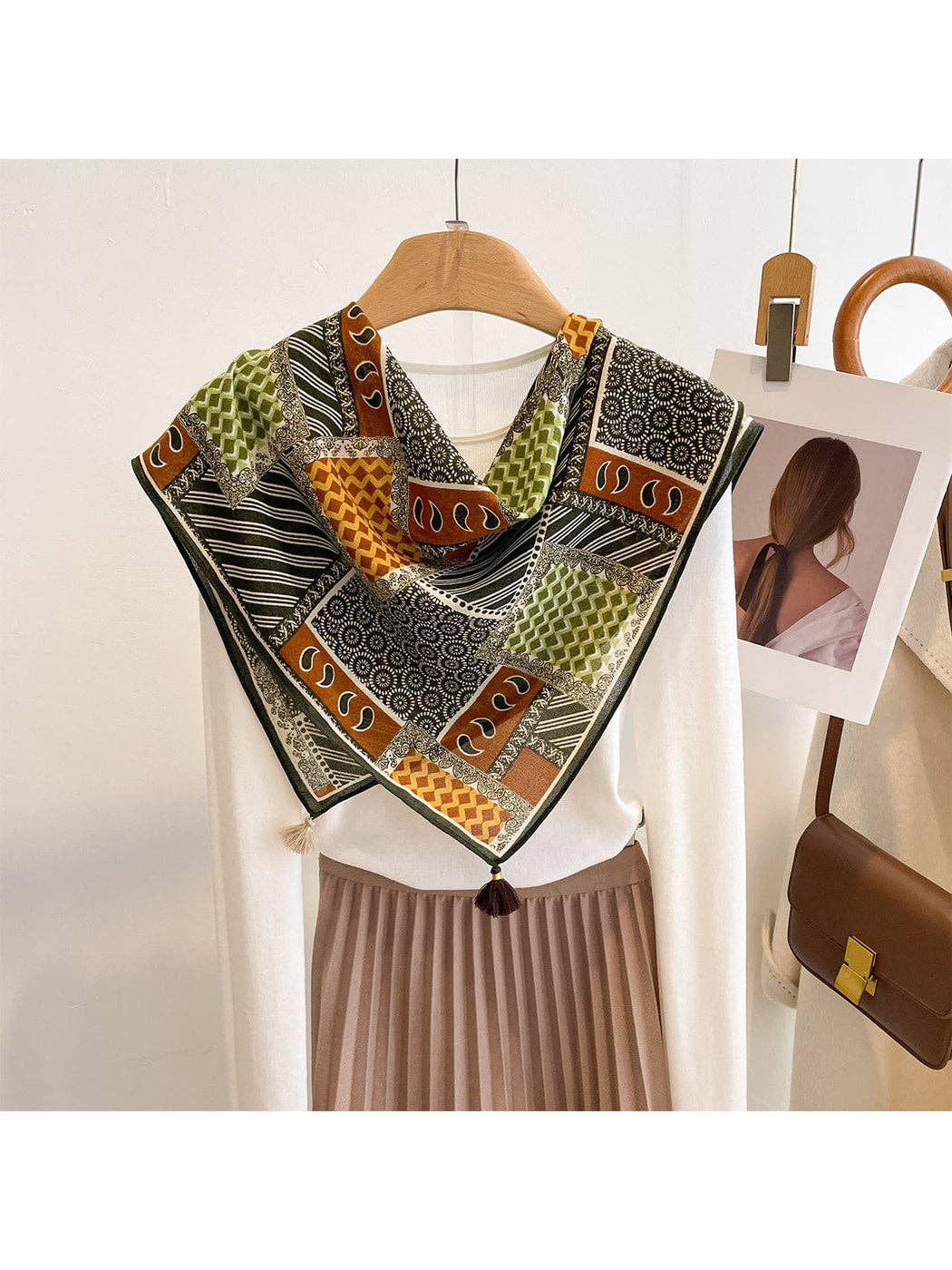 Spliced Print Tassel Square Scarf