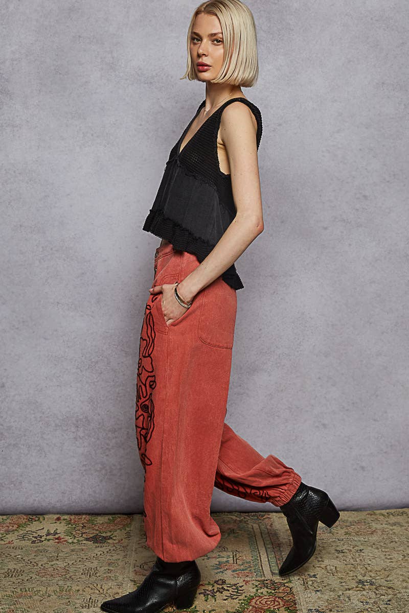 Floral embroidered  twill pants