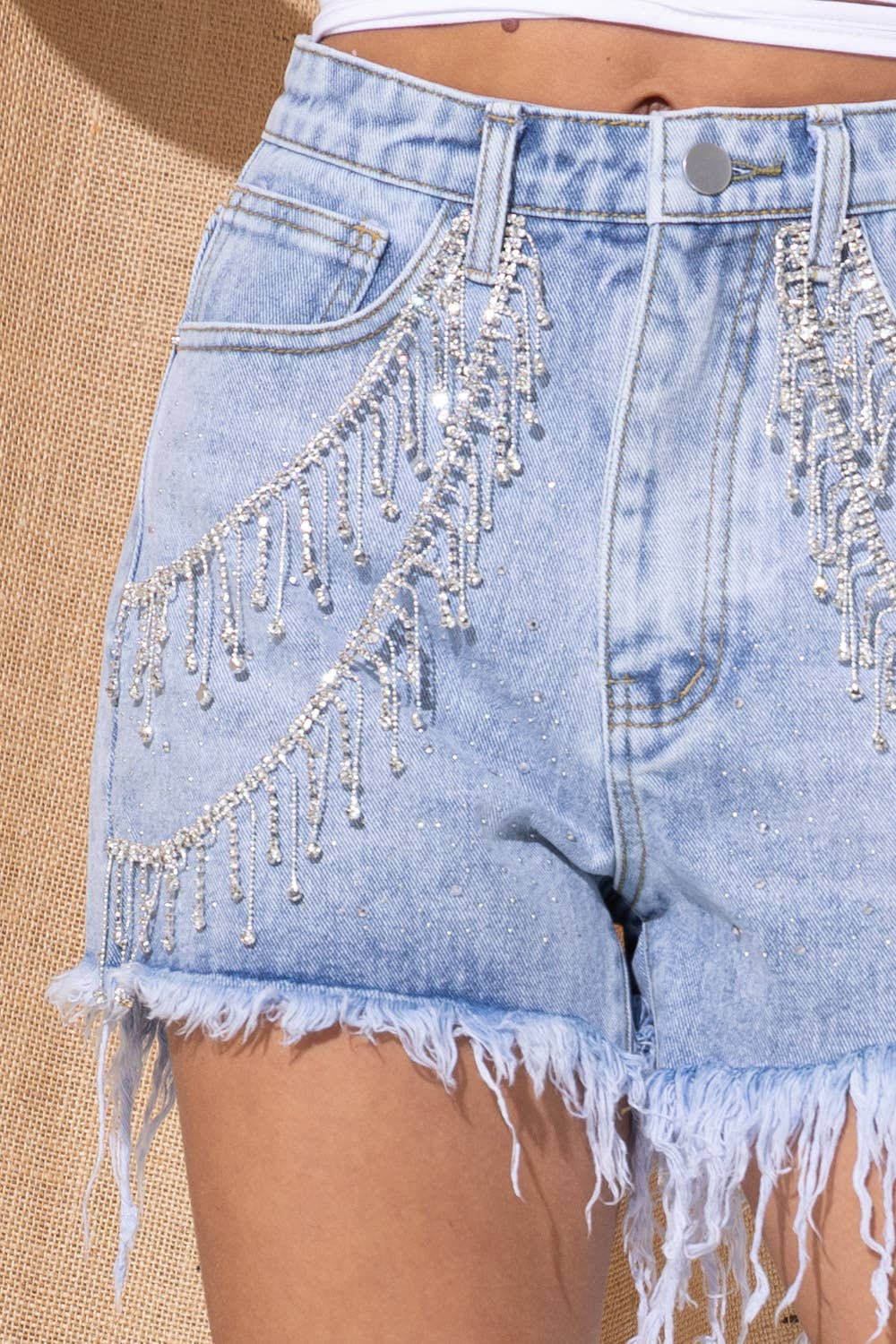 Sprinkle Gem Double Rhinestone Fringe Denim Shorts