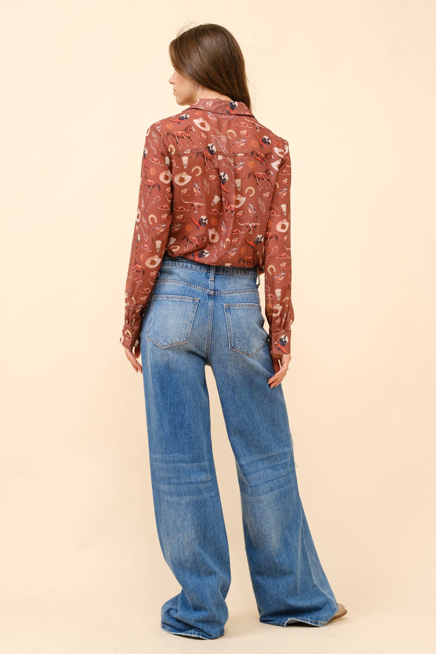 Western Print Chiffon Button Up Blouse