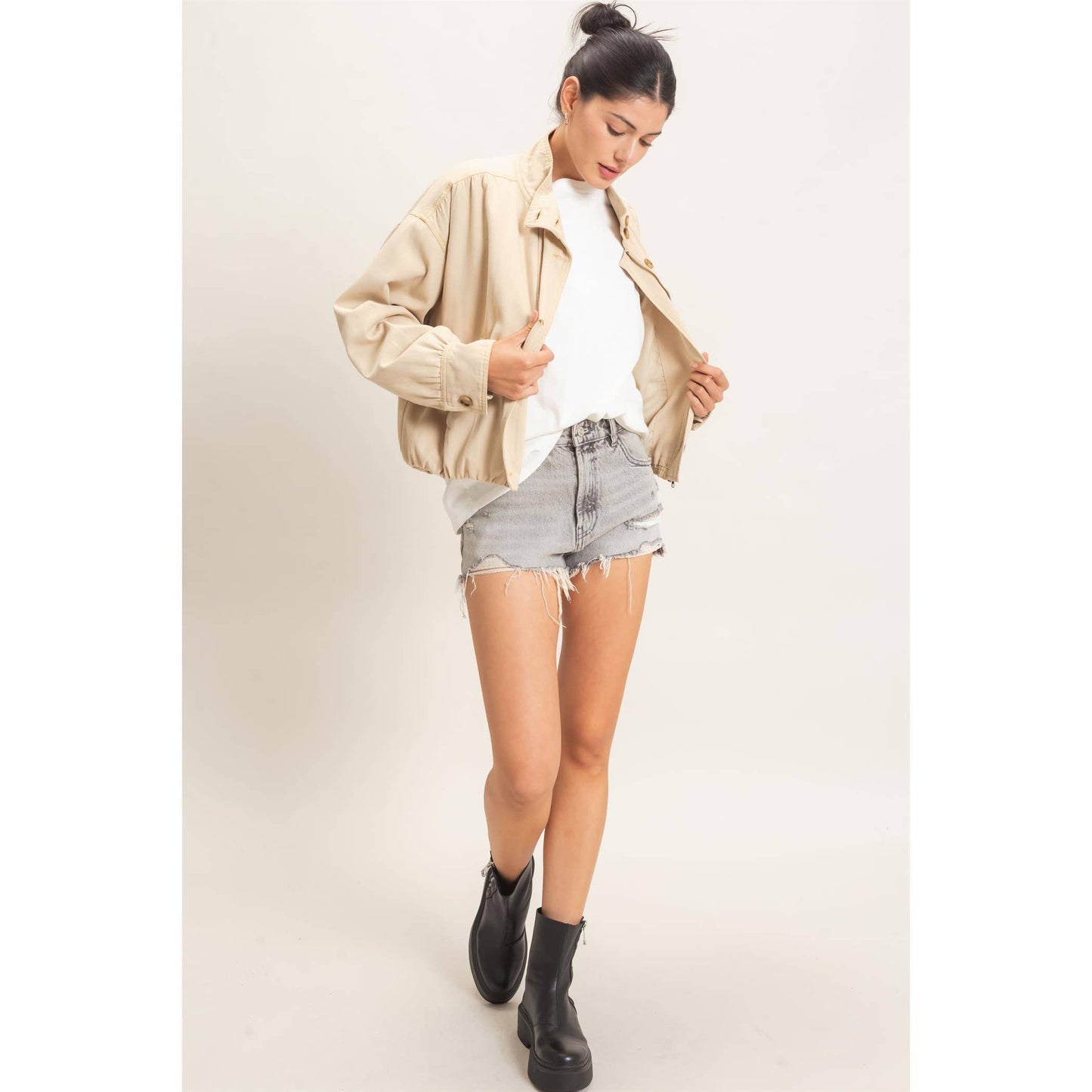 High Collar Denim Bomber Jacket