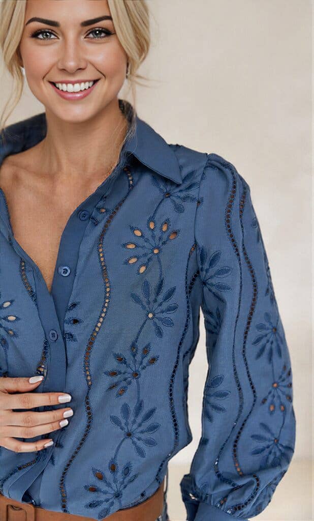 Embroidered Eyelet Long Sleeve Button-Up Blouse