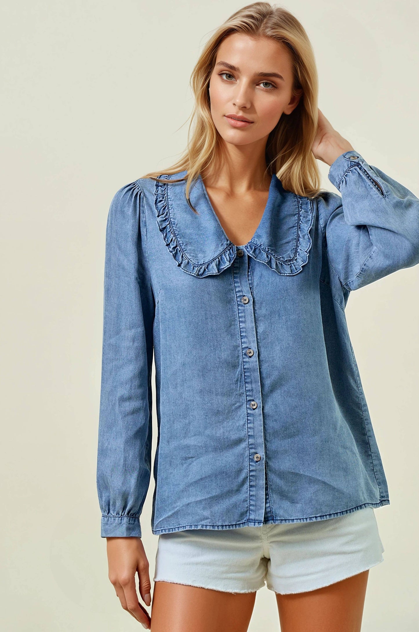 Tencel Denim Long Sleeve Button Down Shirt Bloeus