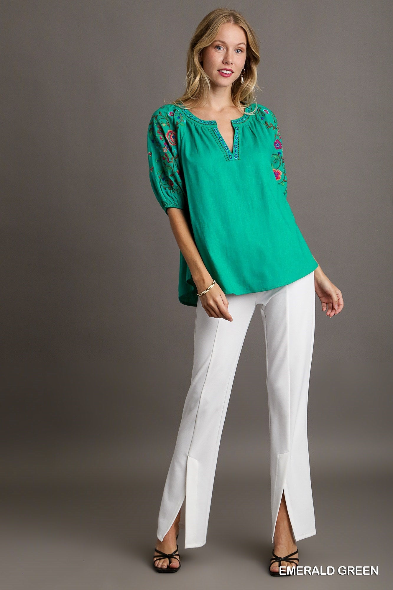 Top with Embroidery Short Balloon Sleeves
