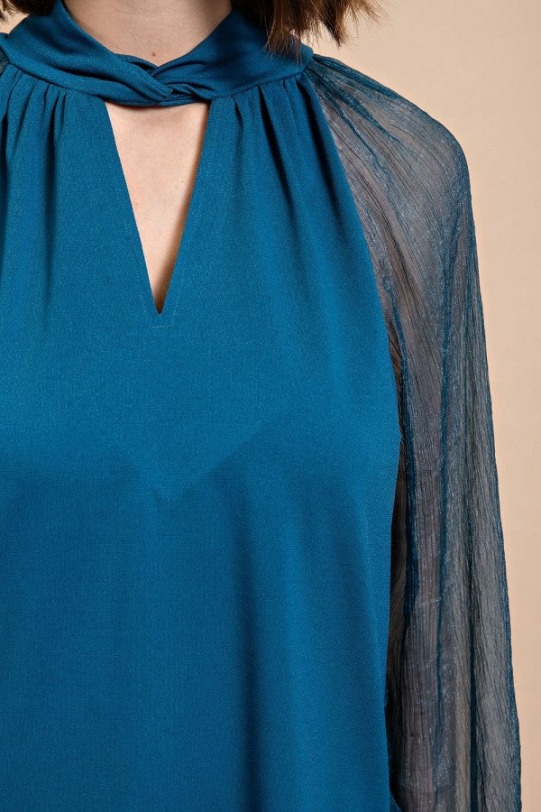 Twist Neck Metallic Sheer Sleeve Blouse