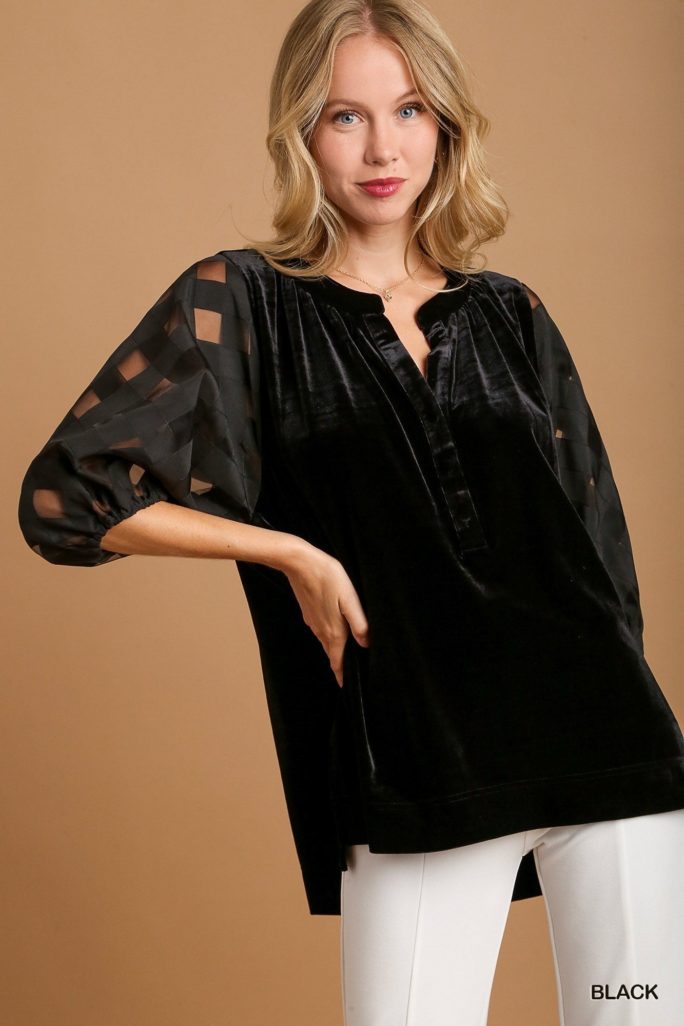Velvet Top with Organza 3/4 puff sleeve