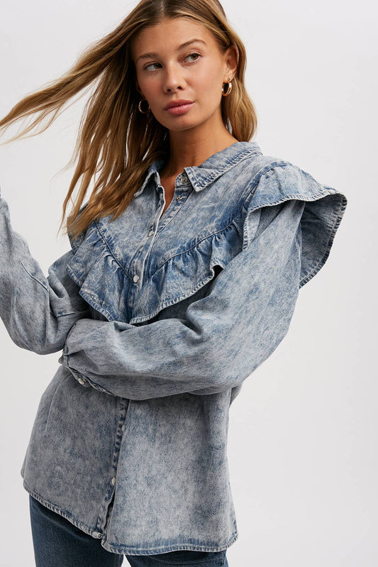 Button Up Ruffled Denim Shirt