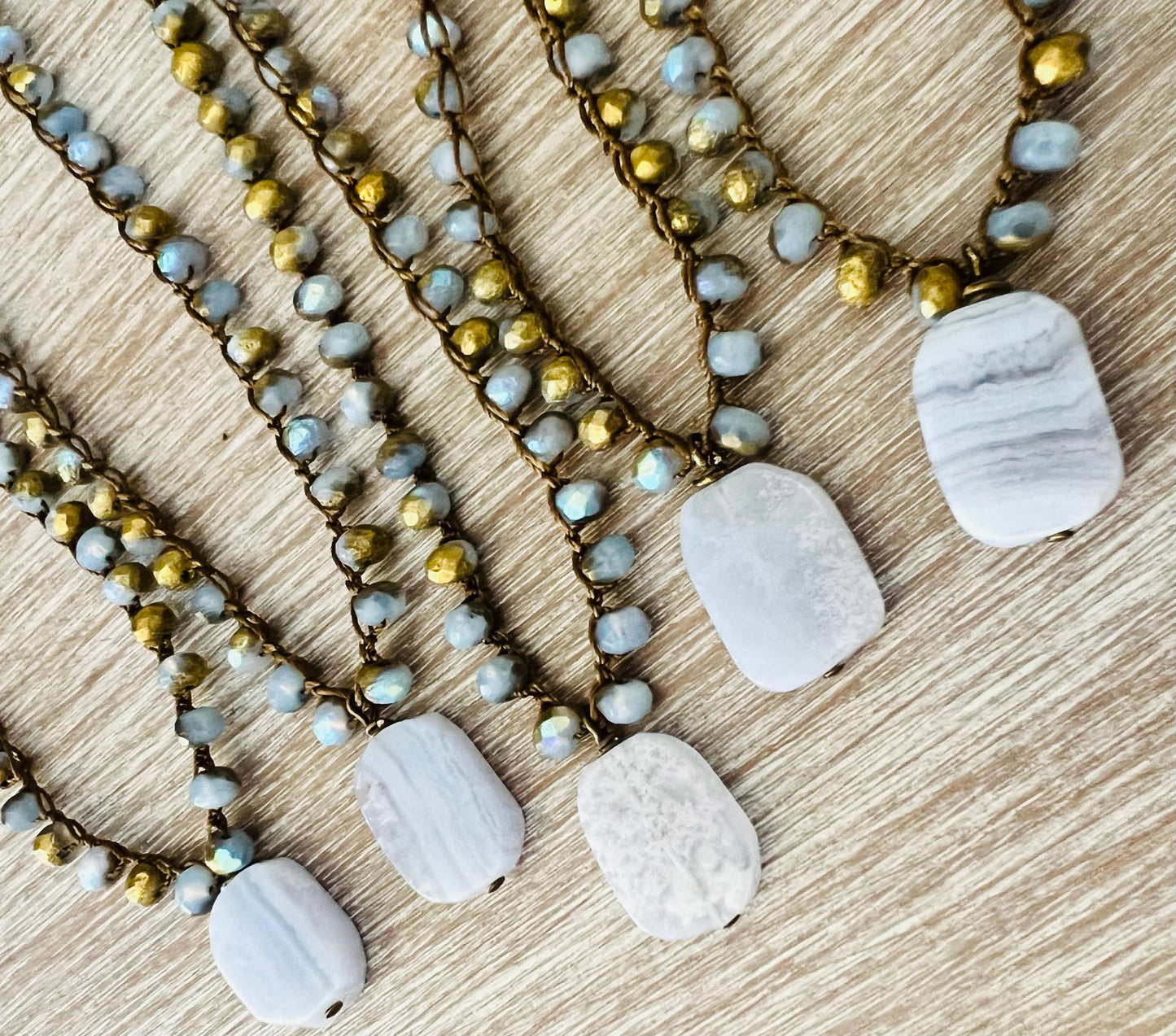 Blue Lace Agate Natural Stone Necklace With Autumn Gold