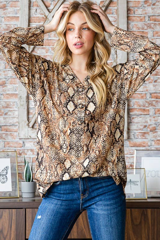 Snake Print Top with Long Sleeves and Side Slit