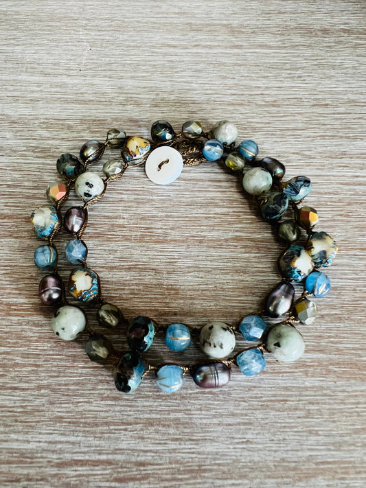 Denim Beach Wrap Necklace or Bracelet, Stones And Pearls