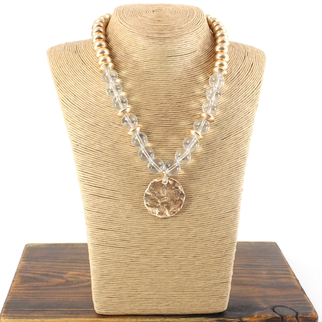 2-Tone Beads Gold Textured Plate Pendant Necklace